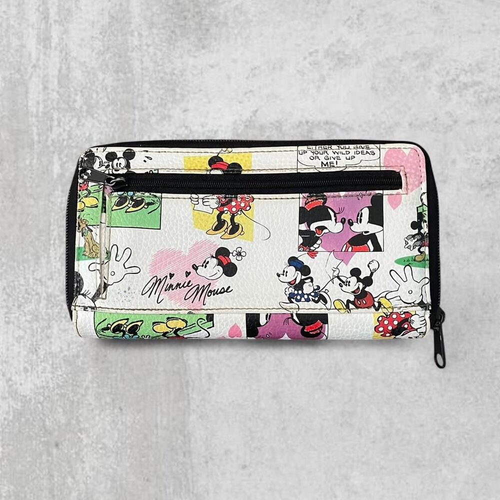 Disney Parks Mickey & Minnie Comic Strip Wallet Retro Zip Around Faux Leather